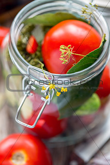 Fresh tomatoes and spices in a jar for canning.