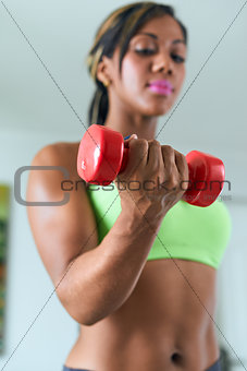 Home Fitness Black Woman Training Biceps With Weights