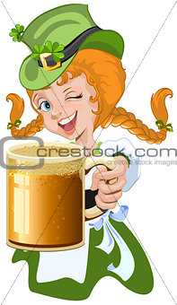 Red haired girl leprechaun holding a glass beer mug