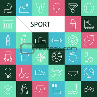 Vector Flat Line Art Modern Sports and Recreation Icons Set