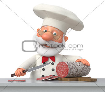 The cook in kitchen with sausage
