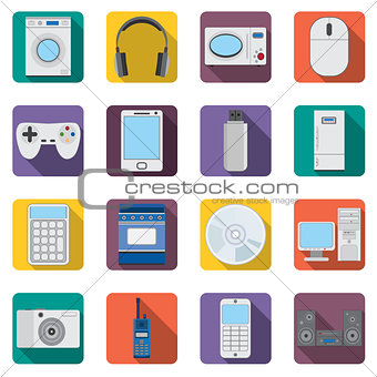 Set of flat home aplliances and electronic devices icons.