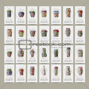Set of cards, pickle jars with fruits and vegetables
