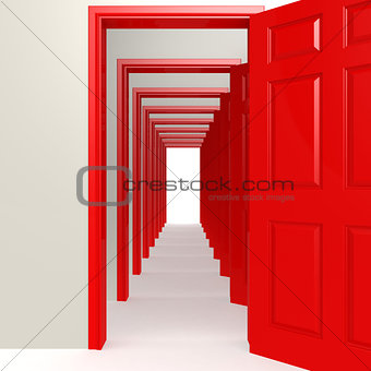 Multiple red doors in a row