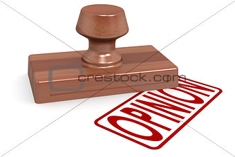 Wooden stamp opinion with red text
