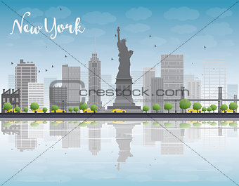 New York city skyline with grey building and blue sky