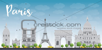 Paris skyline with grey landmarks and blue sky