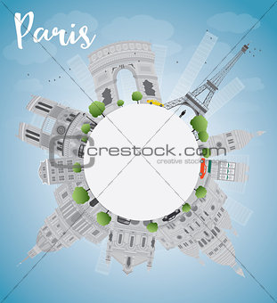 Paris skyline with grey landmarks, blue sky and copy space