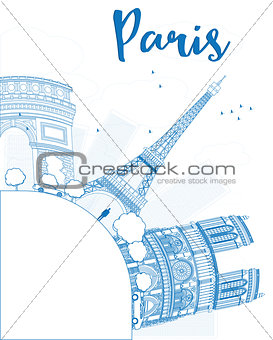 Outline Paris skyline with blue landmarks and copy space.