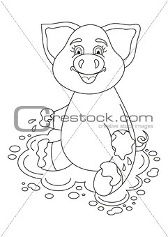 Vector illustration of cute pig sits on dirt puddle, coloring book