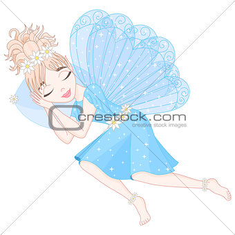 Cute fairy in blue dress with wings is sleeping on pillow