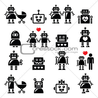 Robot family, female, baby robot icons set