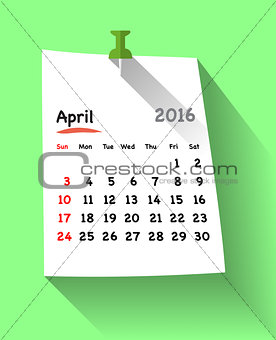 Flat design calendar for april 2016 on sticky