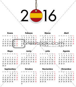 Spanish calendar grid for 2016 with flag like tag