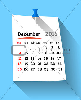 Flat design calendar for december 2016 on sticky