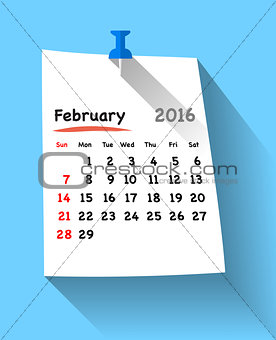 Flat design calendar for february 2016 on blue sticky note