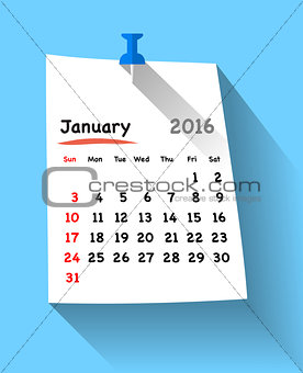 Flat design calendar for january 2016 on sticky