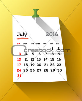 Flat design Calendar for july 2016 sticky