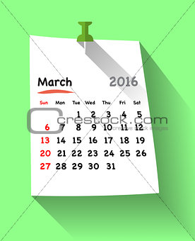 Flat design calendar for march 2016 on sticky