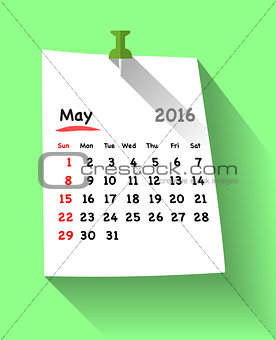 Flat design calendar for may 2016 on sticky