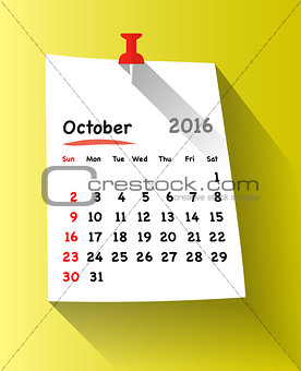 Flat design calendar for october 2016