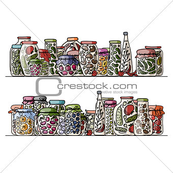 Set of pickle jars with fruits and vegetables
