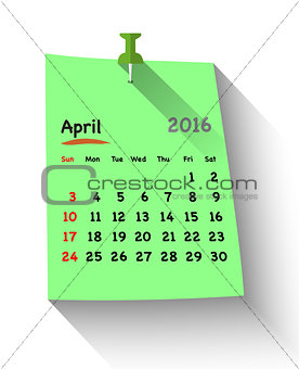 Flat design calendar for april 2016