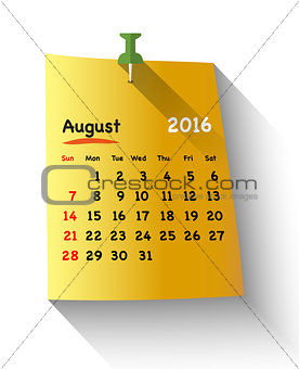 Flat design calendar for august 2016