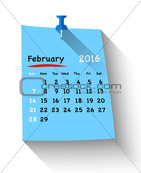Flat design calendar for february 2016