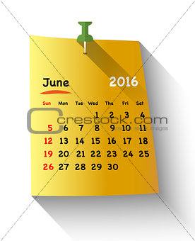 Flat design Calendar for june 2016