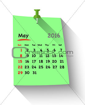 Flat design calendar for may 2016