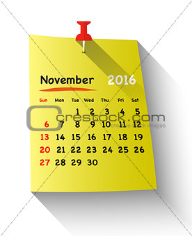 Flat design calendar for november 2016