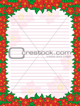 Sheet of notepad with floral frame in red hues