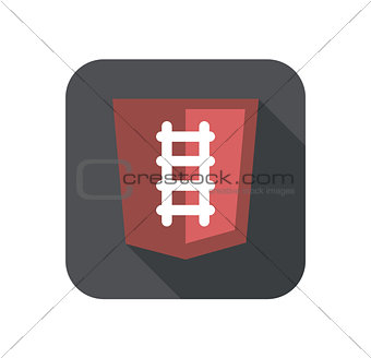 illustration of ruby programming language web development shield sign - rails. isolated simple flat red icon with long shadow on white