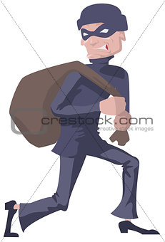 Robber in a mask carries bag. Man robber