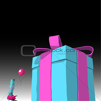 happy blue cartoon character with balloon and large present