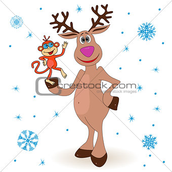 Amusing reindeer holding a small monkey