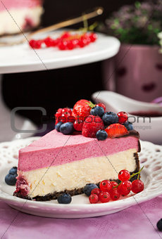 Portion of delicious raspberry cheesecake 