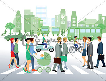 Cityscape with people walking on the street