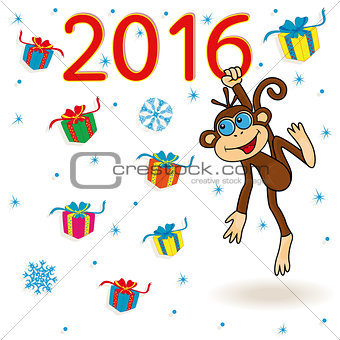Monkey holds for the digit of 2016 inscription and hangs on it