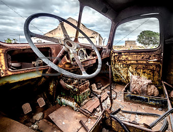Inside of old and rusty truck cab