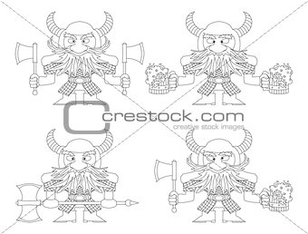 Dwarfs with beer mugs and axes, outline