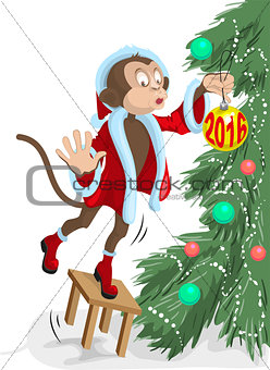 Santa monkey hangs on the Christmas tree ball in 2016