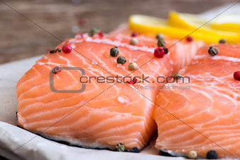 Raw Salmon Fish Fillet with Lemon and Spices