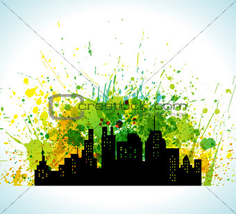 Color Paint Splashes Eco Green City Silhouette Background. Background
