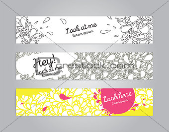 Banners set with hand drawn bubbles or drops on background.