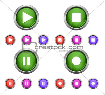 Set of isolated glossy vector web buttons. Beautiful internet buttons isolated on white background. Play, pause, start, record.