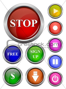 isolated vector, glossy web button. Beautiful internet button.Empty on white background. With sign stop, free, sign up, dollar, download, start, pause, on, off, music