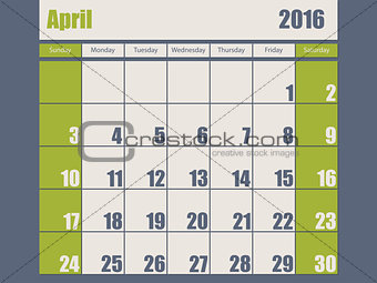Blue green colored 2016 april calendar