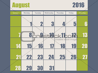 Blue green colored 2016 august calendar